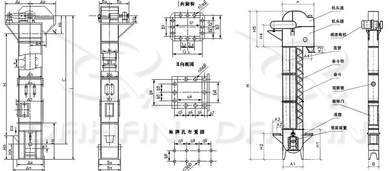 TD/D型斗式提升機(jī)基本結(jié)構(gòu):機(jī)頭蓋，機(jī)頭座，減速電機(jī)，直管，底座，緊張裝置等。