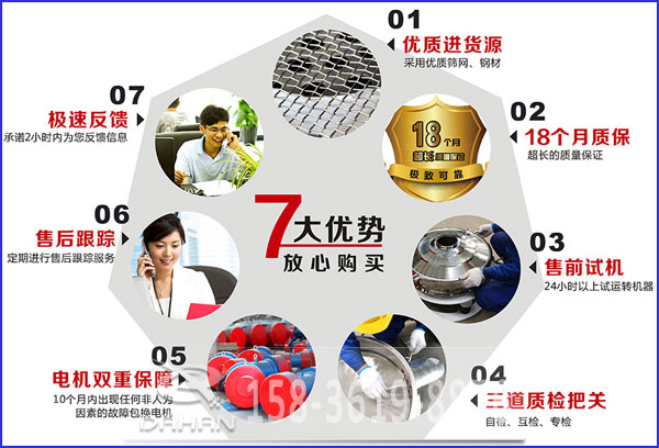 大漢食品振動(dòng)篩的7大優(yōu)勢(shì)：優(yōu)質(zhì)進(jìn)貨源，售后跟蹤，售前試機(jī)等。