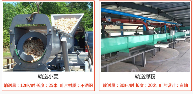 絞龍螺旋輸送機(jī)輸送小麥輸送量在12噸/時(shí)，長(zhǎng)度為25米，葉片采用不銹鋼材質(zhì)；輸送水泥輸送量在80噸/時(shí)，長(zhǎng)度為20米，葉片設(shè)計(jì)為有軸。