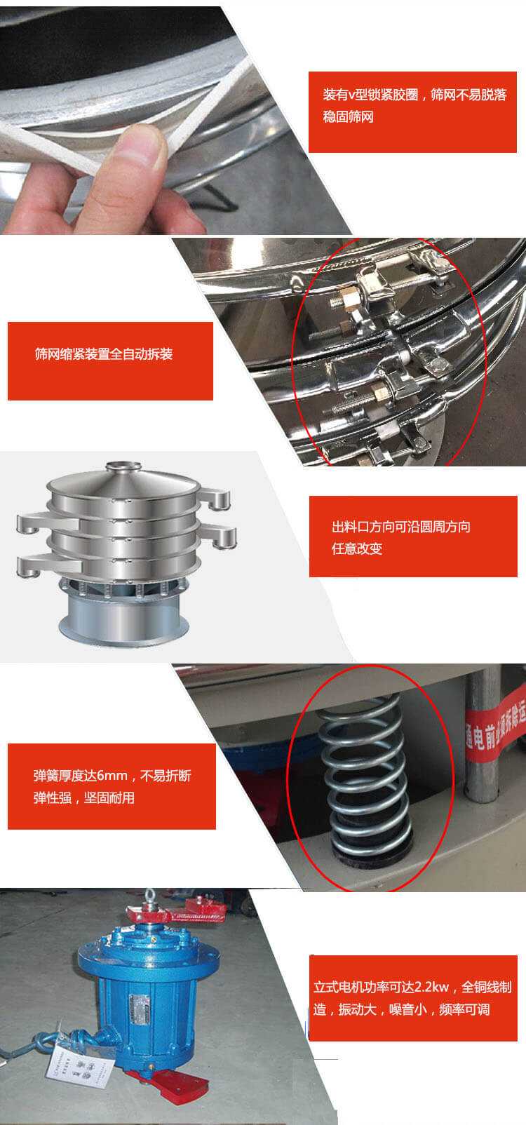 裝有V型鎖緊膠圈，使篩網(wǎng)不易脫落穩(wěn)固篩網(wǎng)，篩網(wǎng)鎖緊裝置，全自動拆裝，出料口方向可沿圓周方向任意改變。彈簧厚度達6mm，不易折斷，彈性強，堅固耐用。專業(yè)的振動電機，全銅線制造，振動大，機械噪音小，頻率可調(diào)。產(chǎn)品對比:材質(zhì)：大漢振動篩廠家采用304不銹鋼材質(zhì)耐腐蝕性，耐熱性強。個別廠家采用其它金屬材質(zhì)，耐腐蝕性，耐熱性差蒸發(fā)緩慢，烘干效率較低。大漢振動篩廠家采用金屬編織網(wǎng)，篩分精度高，效率高，篩網(wǎng)利用率高。