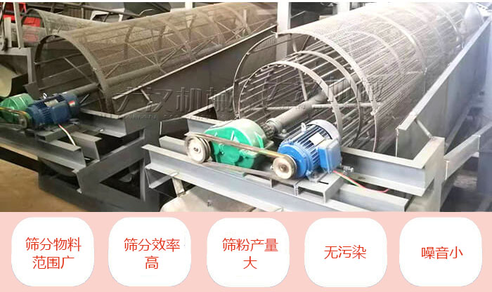 滾筒篩分機(jī)主要特點(diǎn)：篩分物料范圍廣，篩分效率高，篩分產(chǎn)量大，無(wú)污染，噪音小。