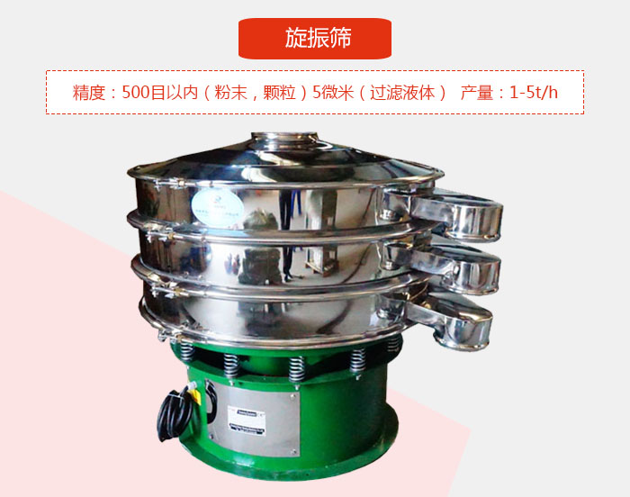 旋振篩精度：500目以內（粉末，顆粒）5微米（過濾液體）產量：1-5t/h