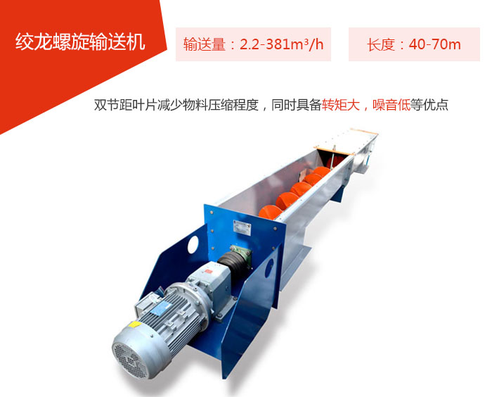 絞龍螺旋輸送機(jī)輸送量：2.2-381m3/h 長(zhǎng)度：40-70m 雙節(jié)距葉片減少物料壓縮程度，同時(shí)具備轉(zhuǎn)矩大，噪音低等優(yōu)點(diǎn)。