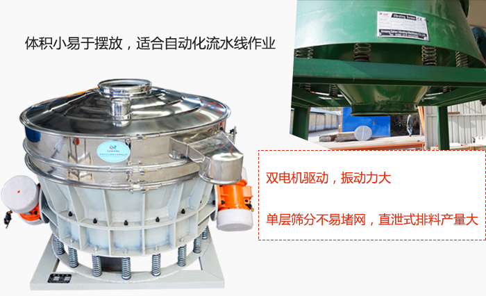 雙電機驅(qū)動，振動力大，單層篩分不易堵網(wǎng)，直泄式排料產(chǎn)量大