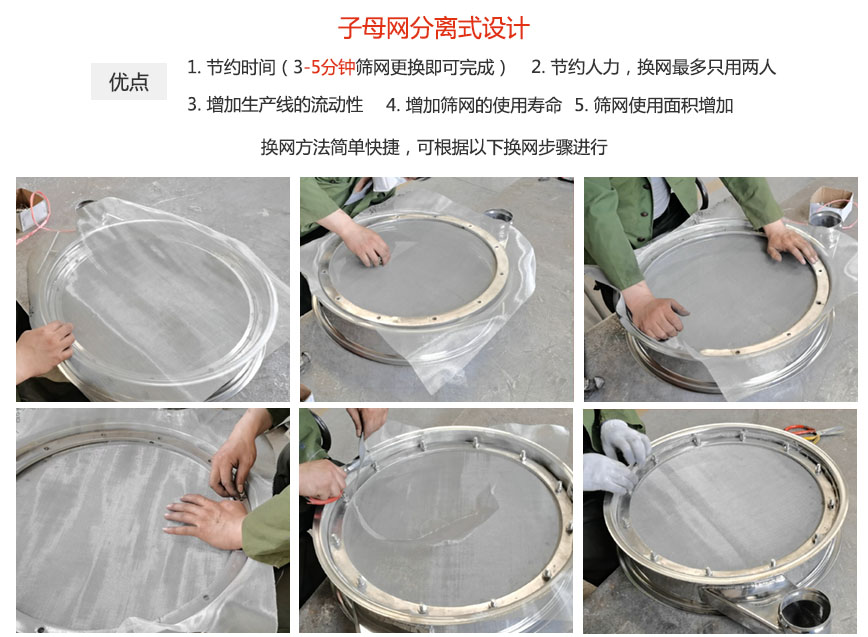 大漢振動機械換網(wǎng)優(yōu)勢：1，節(jié)省時間（3-5分鐘篩網(wǎng)更換即可完成）2，節(jié)省人力，換網(wǎng)只有兩人。3.增加生產(chǎn)線的流暢性。4.增加篩網(wǎng)壽命，彈跳球不直接撞擊子網(wǎng)。5.篩網(wǎng)使用面積增加。