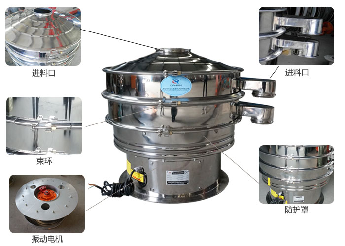 全不銹鋼振動篩細節(jié)：束環(huán)，進料口，出料口，振動電機，防護罩等。