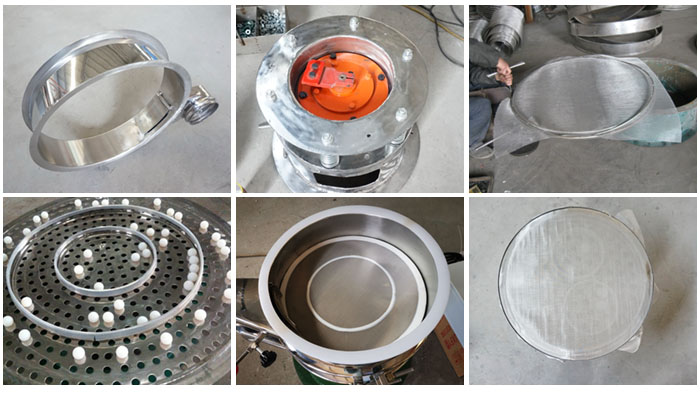 不銹鋼小型振動篩細節(jié)：振動篩篩框，振動電機座，篩網，彈跳球，密封圈，篩網網架。