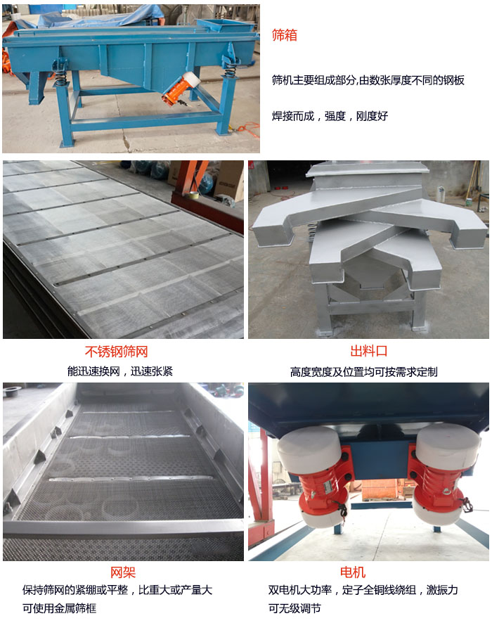 520型直線振動篩結(jié)構(gòu)：篩箱：篩機(jī)主要組成部分，由數(shù)張厚度不同的鋼板焊制而成，強(qiáng)度，剛度好。不銹鋼篩網(wǎng)：能迅速換網(wǎng)，迅速張緊。電機(jī)：雙電機(jī)大功率，定子全銅線繞組，激振力可無極調(diào)節(jié)。網(wǎng)架：保持篩網(wǎng)的緊繃和平整，比重大或產(chǎn)量大時(shí)可使用金屬篩框。出料口：高度寬度及位置均可按照用戶的要求來定制。
