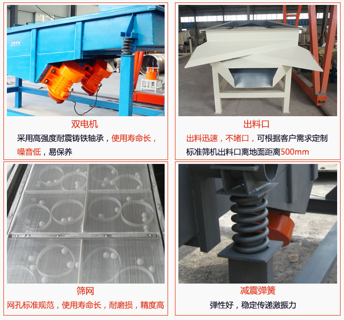 1030直線振動(dòng)篩雙電機(jī)采用高強(qiáng)度耐震鑄鐵軸承使用壽命長、噪音低，易保養(yǎng)；出料口排料迅速，不堵口，可根據(jù)客戶需求定制，標(biāo)準(zhǔn)機(jī)器出料口離地面距離500mm;篩網(wǎng)網(wǎng)孔標(biāo)準(zhǔn)規(guī)范、使用壽命長，耐磨損、精度高；減震彈簧：彈性好，穩(wěn)定傳遞激振力。