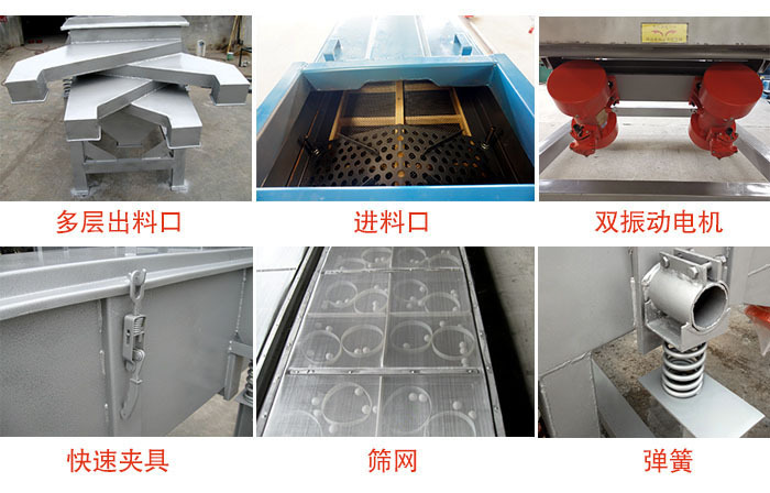 多層直線振動(dòng)篩出料口，篩網(wǎng)，彈簧，快速夾具，振動(dòng)電機(jī)等