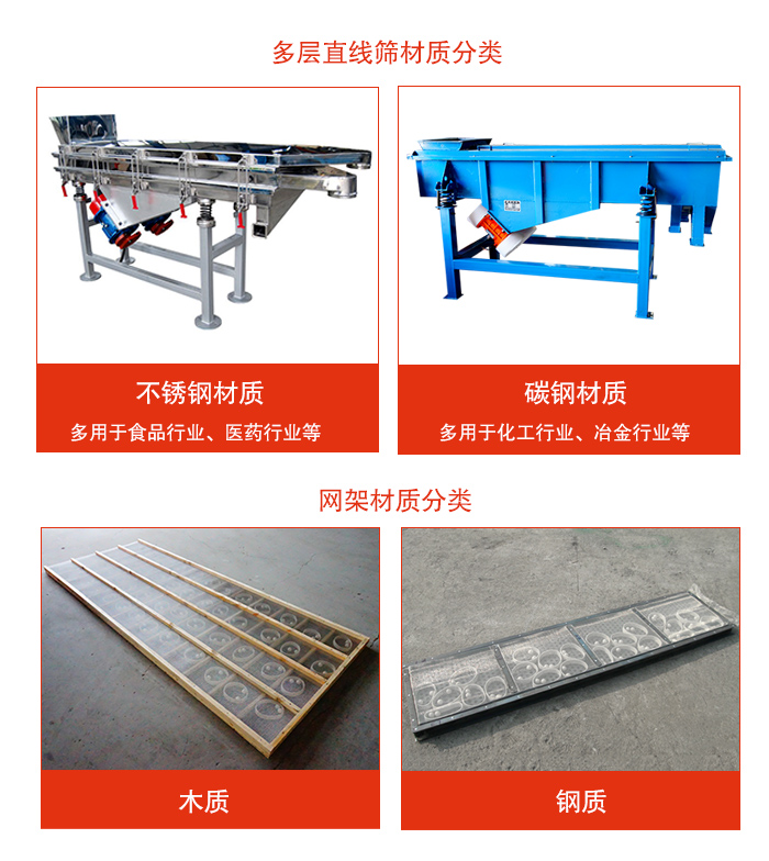 多層直線振動(dòng)篩材質(zhì)有：不銹鋼，碳鋼；網(wǎng)架材質(zhì)有木質(zhì)，鋼質(zhì)等。