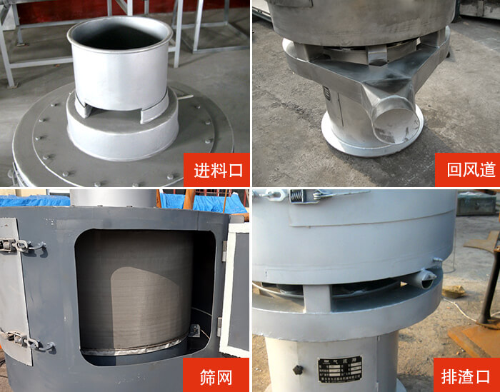 氣流篩分機(jī)進(jìn)料口，回風(fēng)道，篩網(wǎng)，排渣口。