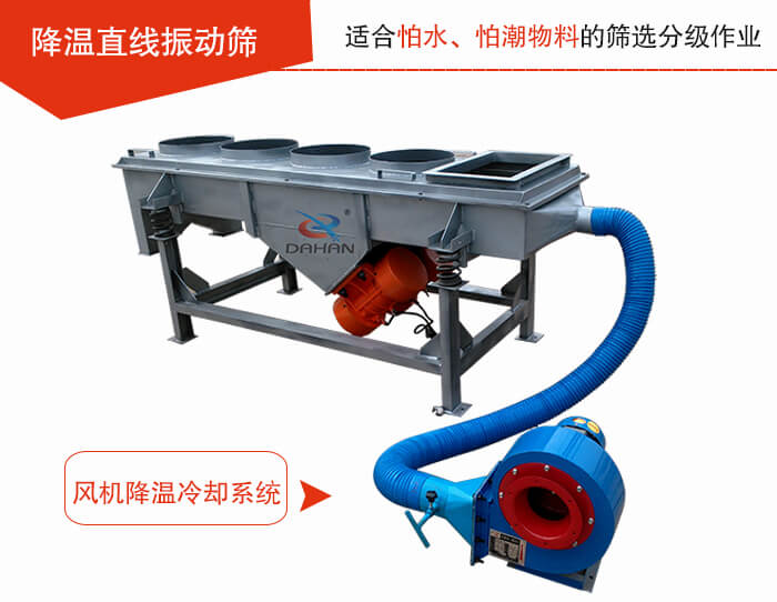 降溫直線振動篩加裝風(fēng)機或水箱降溫方式完成物料的降溫需求。