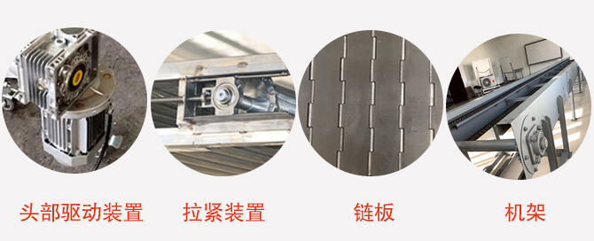 鏈板輸送機(jī)結(jié)構(gòu)：頭部驅(qū)動(dòng)裝置，拉緊裝置，鏈板，機(jī)架等圖片展示