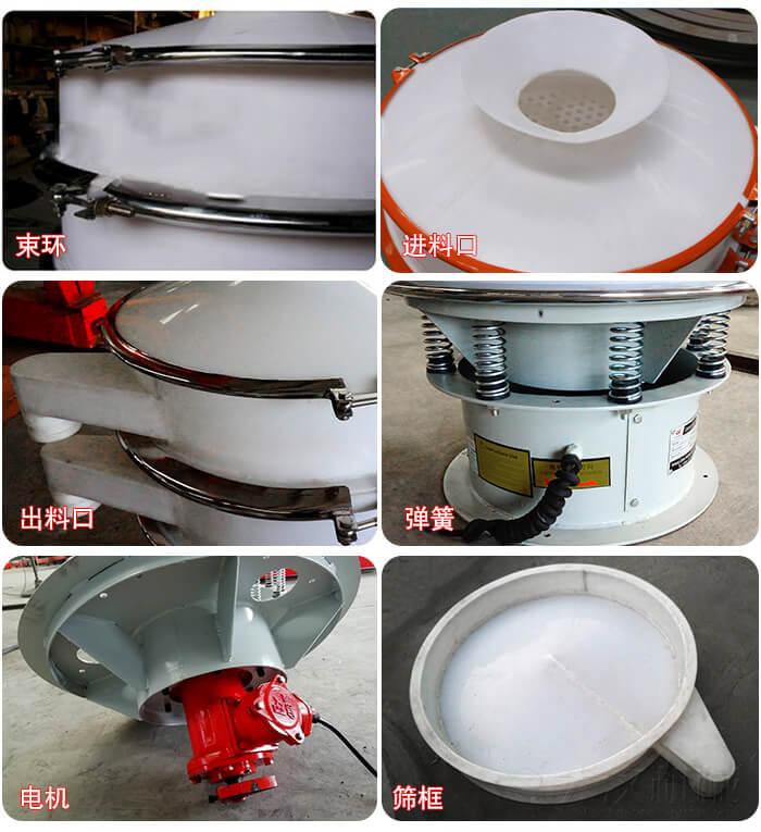 塑料防腐蝕振動篩細節(jié):進料口，框體，網(wǎng)架底框，出料口等。