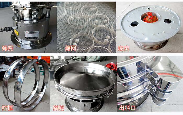 細(xì)節(jié)展示：篩框，篩網(wǎng)，振動底座，振動體，出料口。