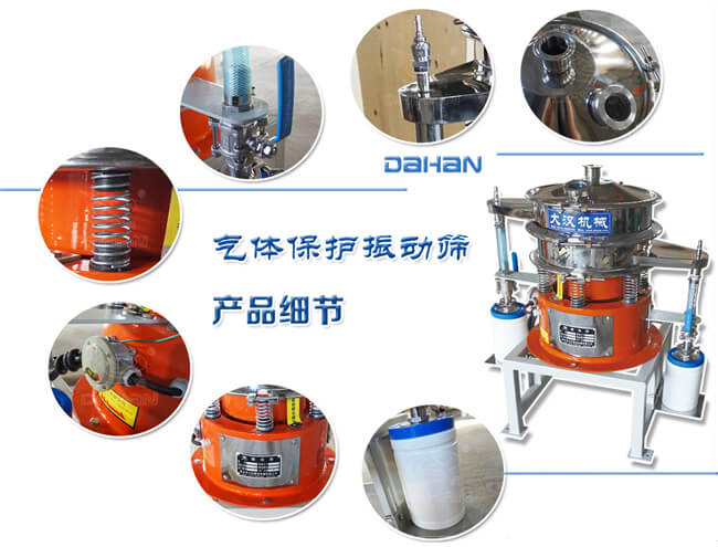 氣體保護(hù)振動(dòng)篩細(xì)節(jié)：振動(dòng)彈簧，手動(dòng)閥門，料罐等。