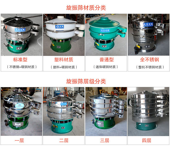 旋振篩材質分類：塑料，全不銹鋼等旋振篩層級分類：一層，兩層，三層，四層等。