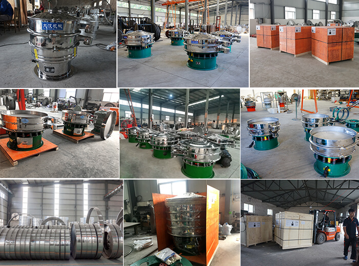 旋振篩備貨圖旋振篩廠家大漢機械備貨現場：全不銹鋼旋振篩包裝完畢，碳鋼旋振篩批量展示，不銹鋼底框批量展示，碳鋼旋振篩底框批量展示。